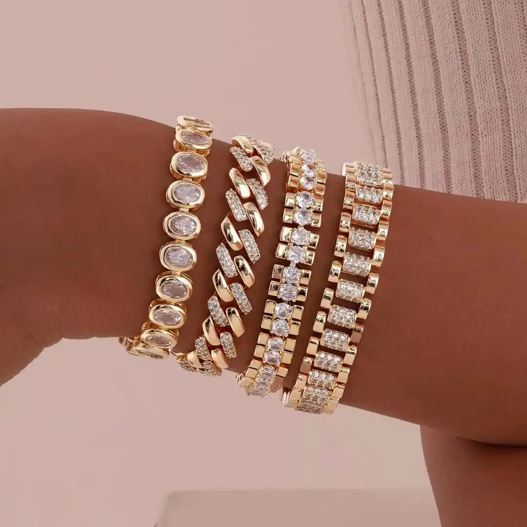 Chunky Gold Cubic Zirconia Adjustable Bangle Set