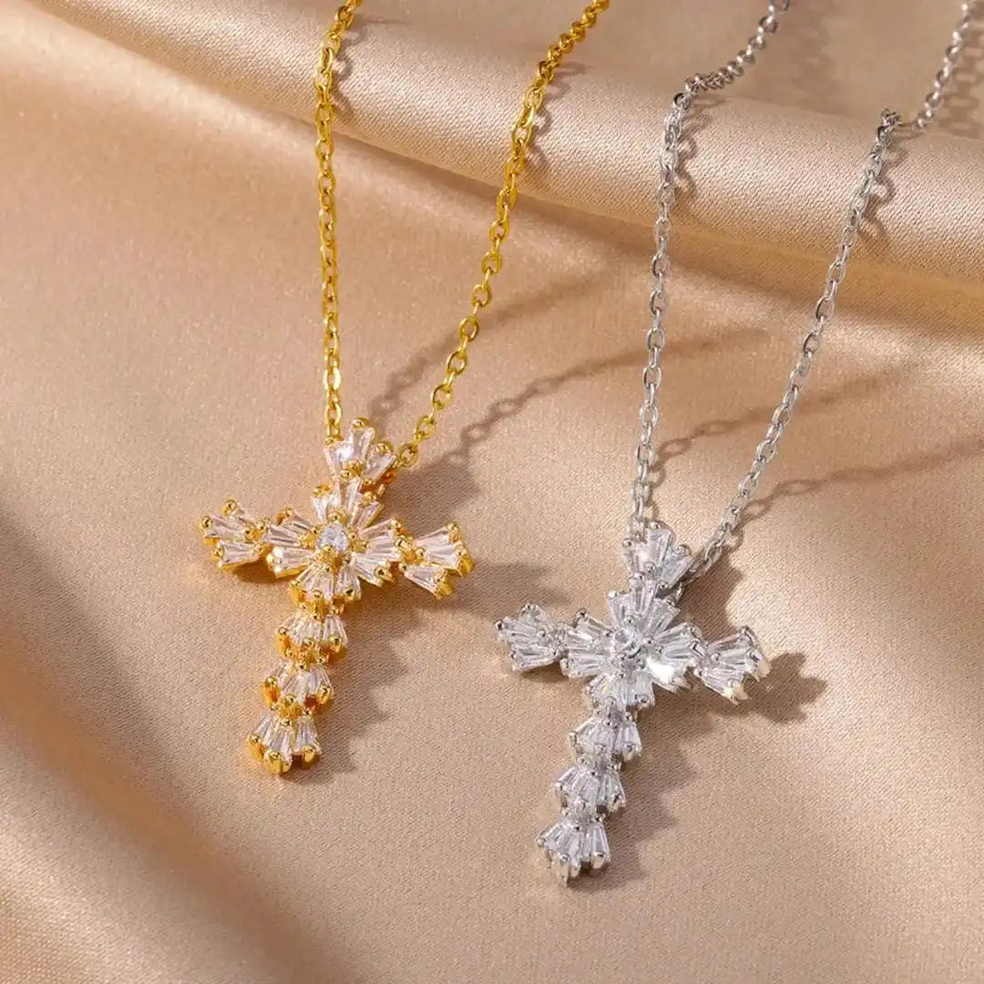 Timeless Silver-Tone Cubic Zirconia Cross Necklace