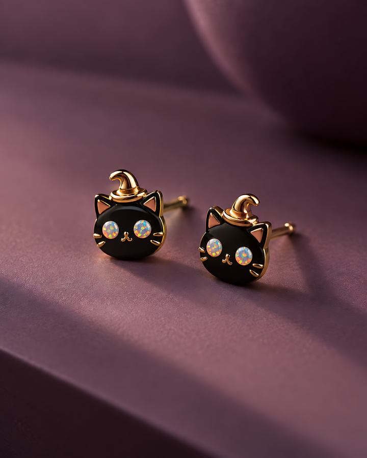 Witch Cat Opal Stud Earrings