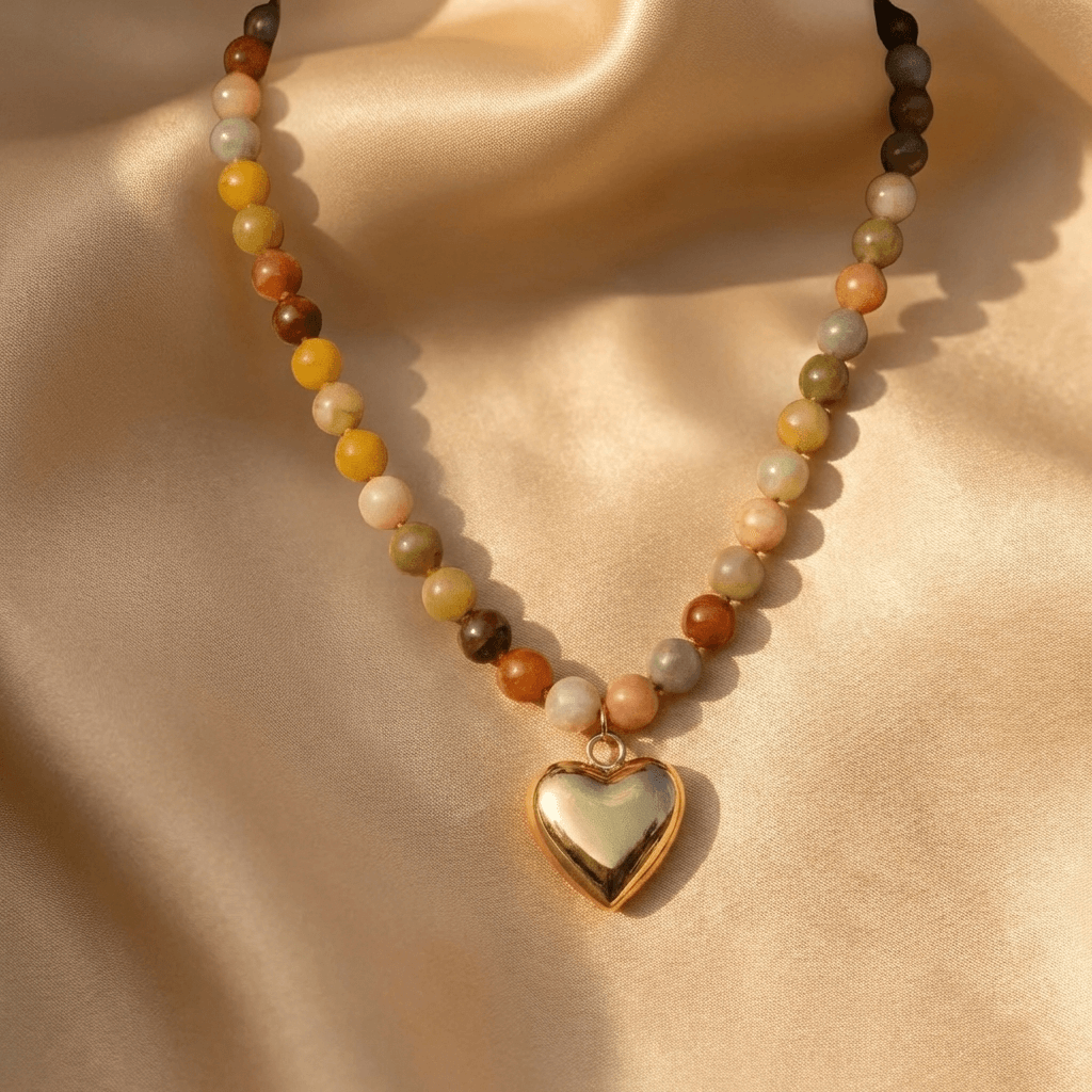 Handmade Bohemian Natural Stone Beaded Heart Necklace