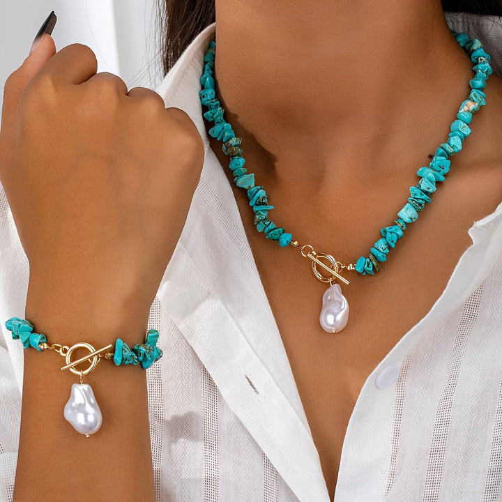 Turquoise & Pearl Necklace Bracelet Set