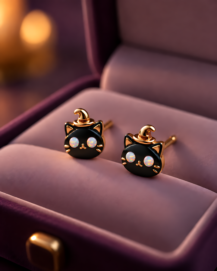 Witch Cat Opal Stud Earrings