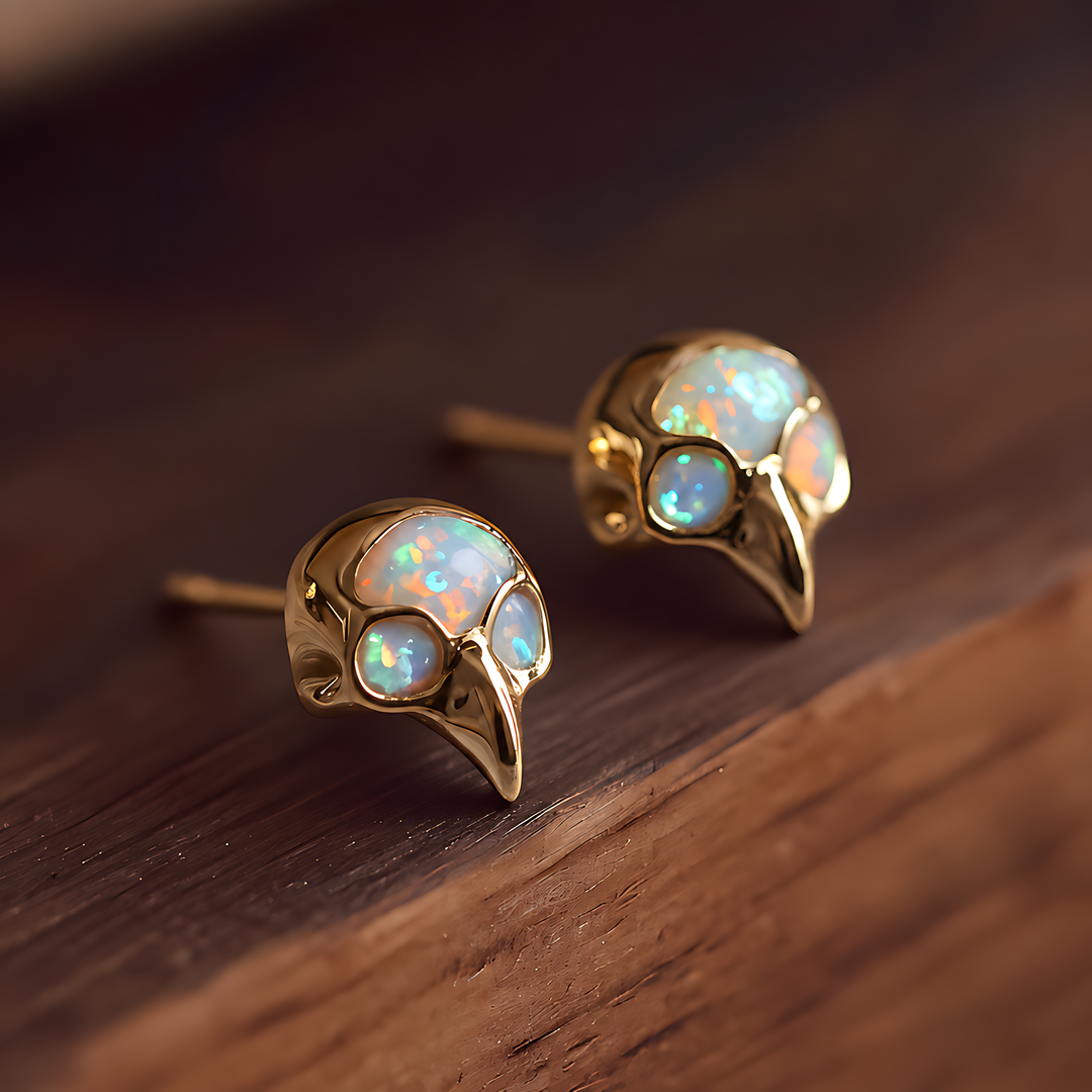 Bird Skull Opal Stud Earrings