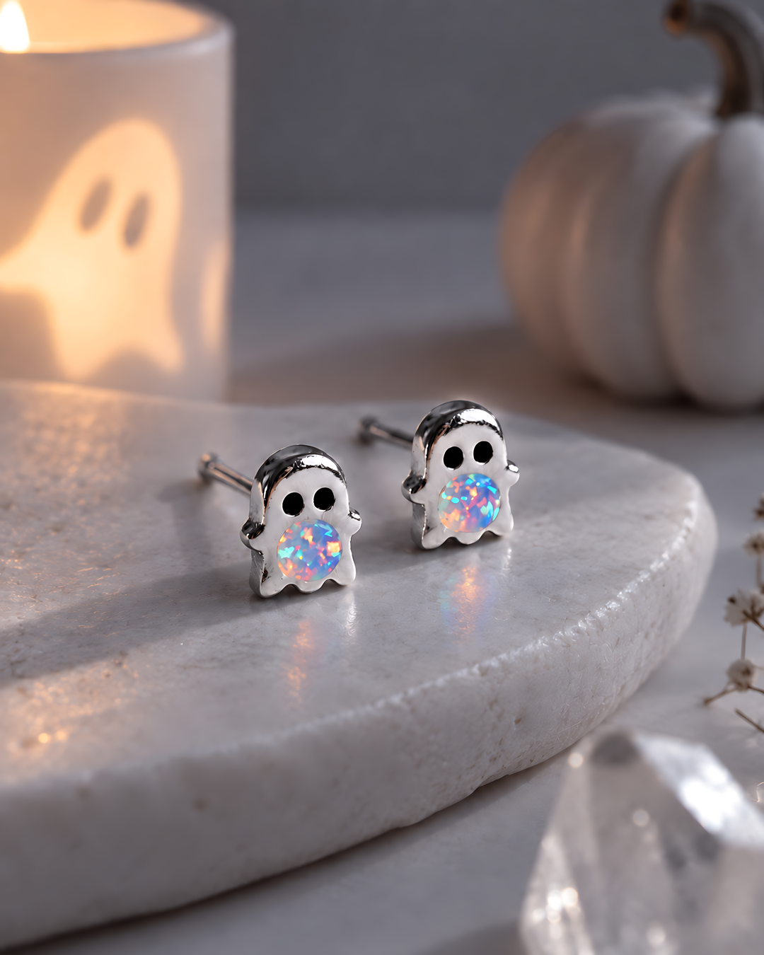Ghost Round Opal Stud Earrings