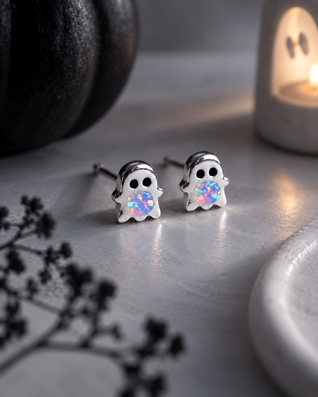 Ghost Round Opal Stud Earrings
