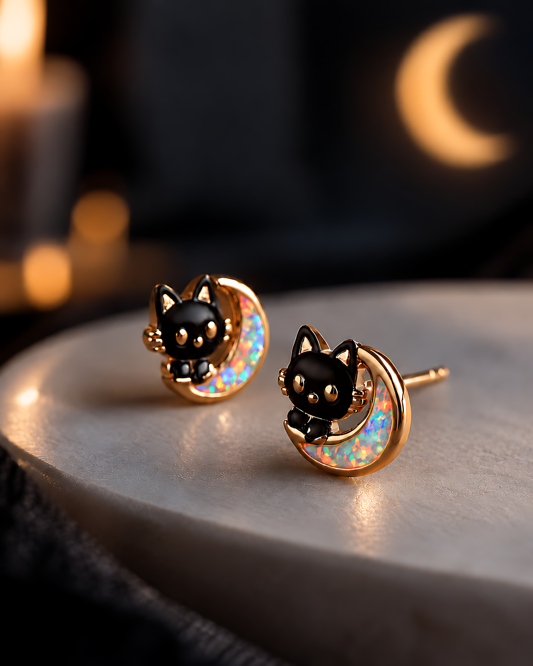Moon Cat Opal Stud Earrings