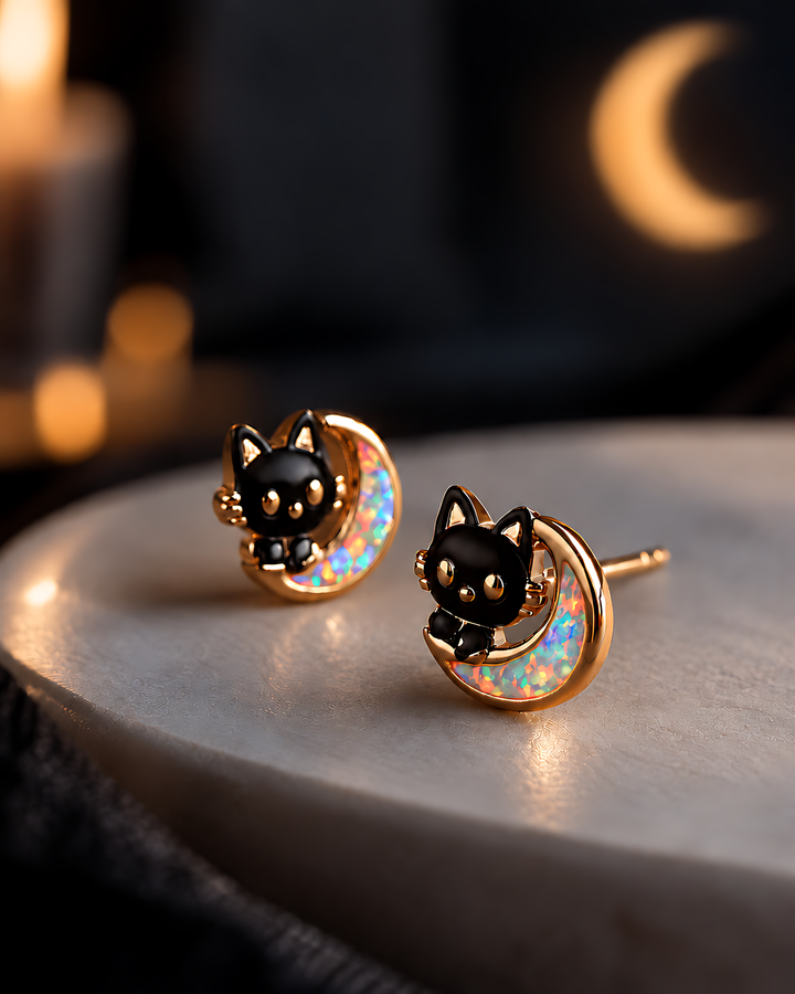 Moon Cat Opal Stud Earrings