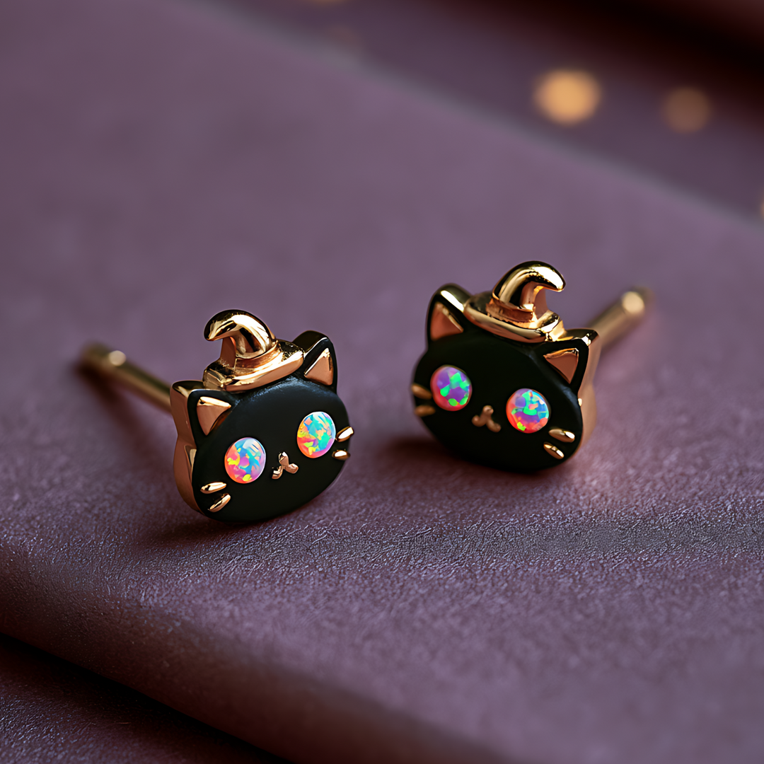 Witch Cat Opal Stud Earrings