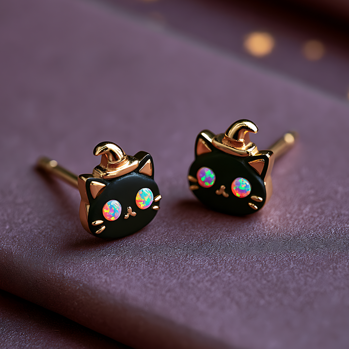 Witch Cat Opal Stud Earrings