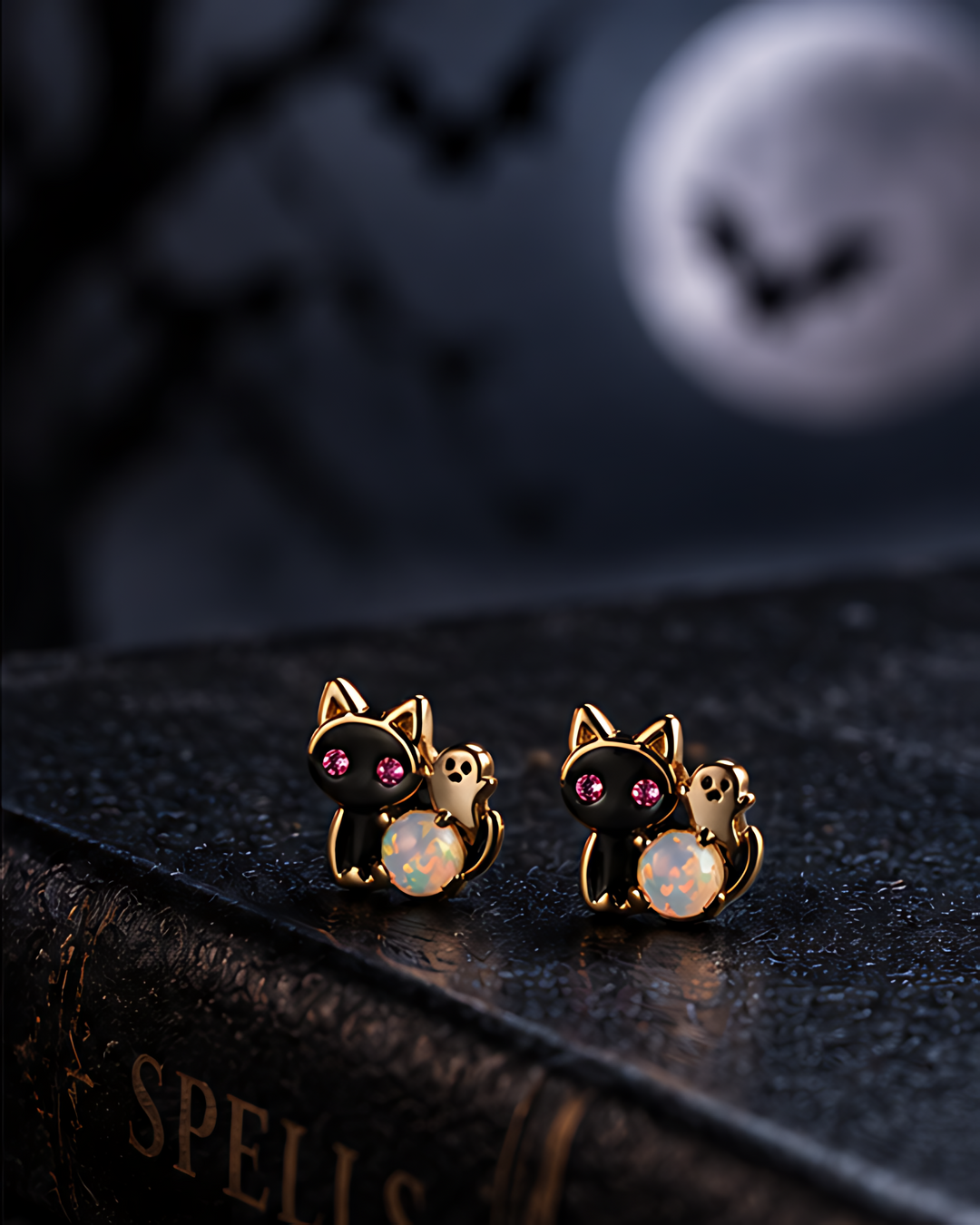 Ghost Cat Opal Stud Earrings