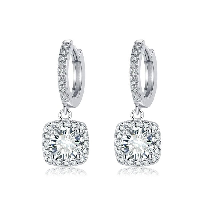 Square Halo Drop Earrings (White Gold)