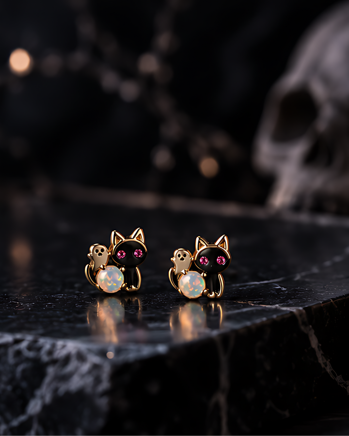 Ghost Cat Opal Stud Earrings