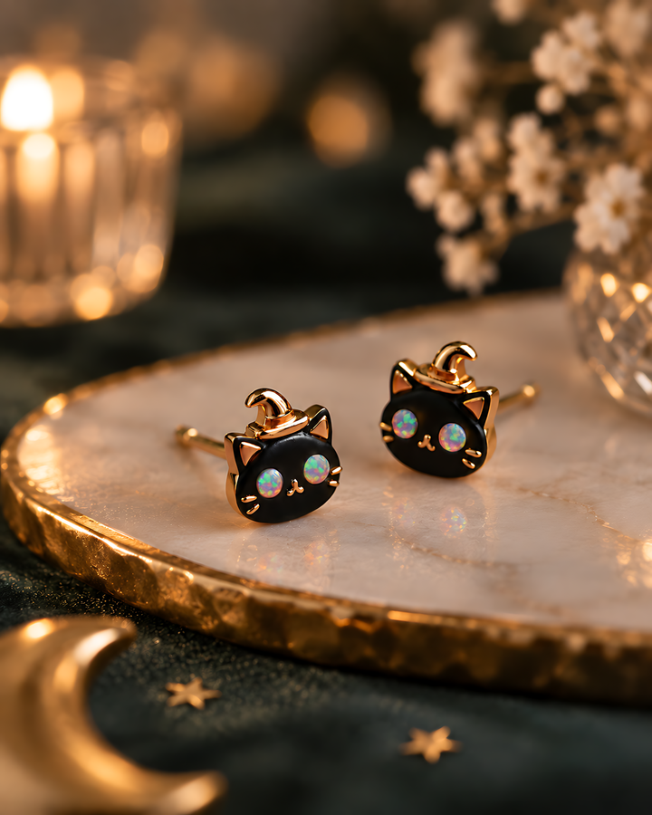 Witch Cat Opal Stud Earrings