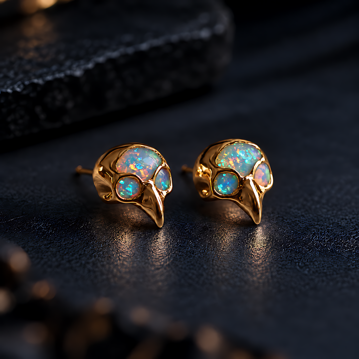 Bird Skull Opal Stud Earrings