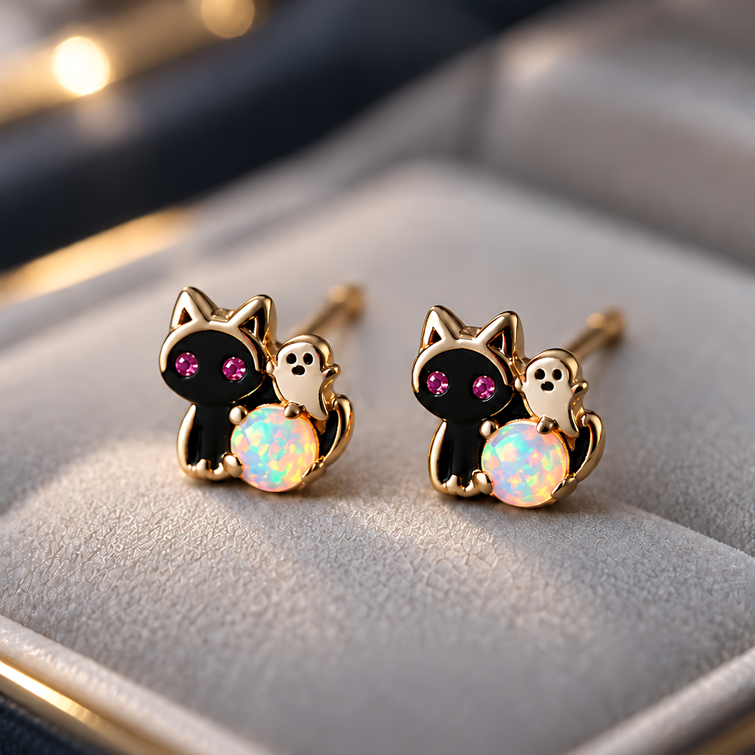 Ghost Cat Opal Stud Earrings