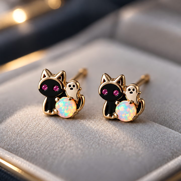 Ghost Cat Opal Stud Earrings