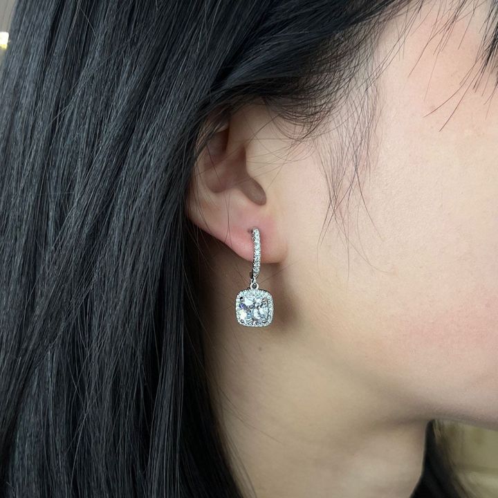 Square Halo Drop Earrings (White Gold)