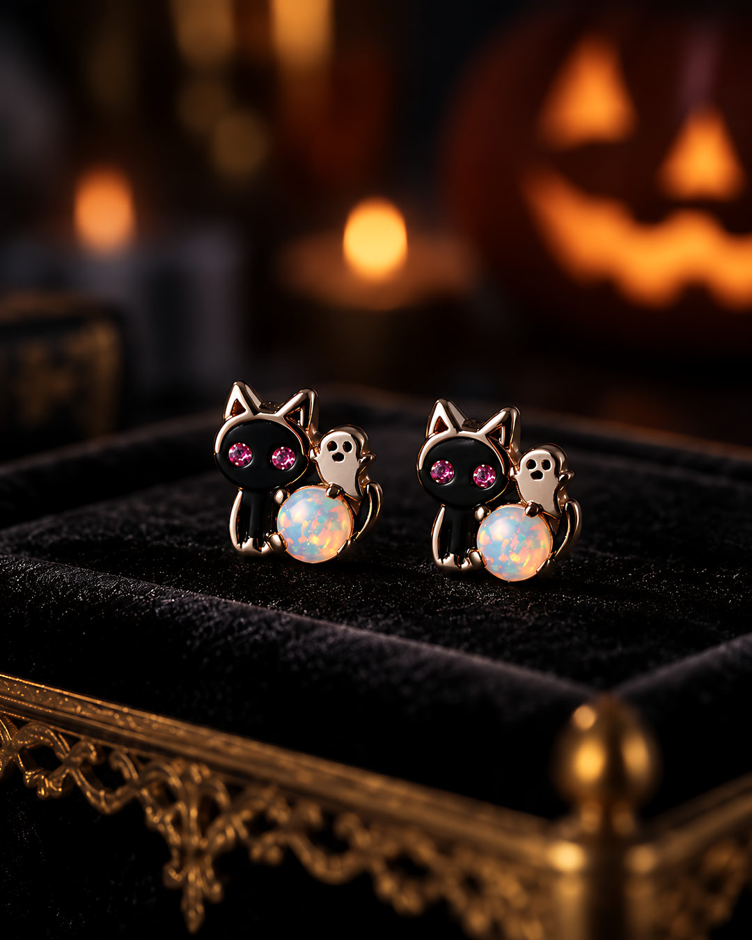 Ghost Cat Opal Stud Earrings