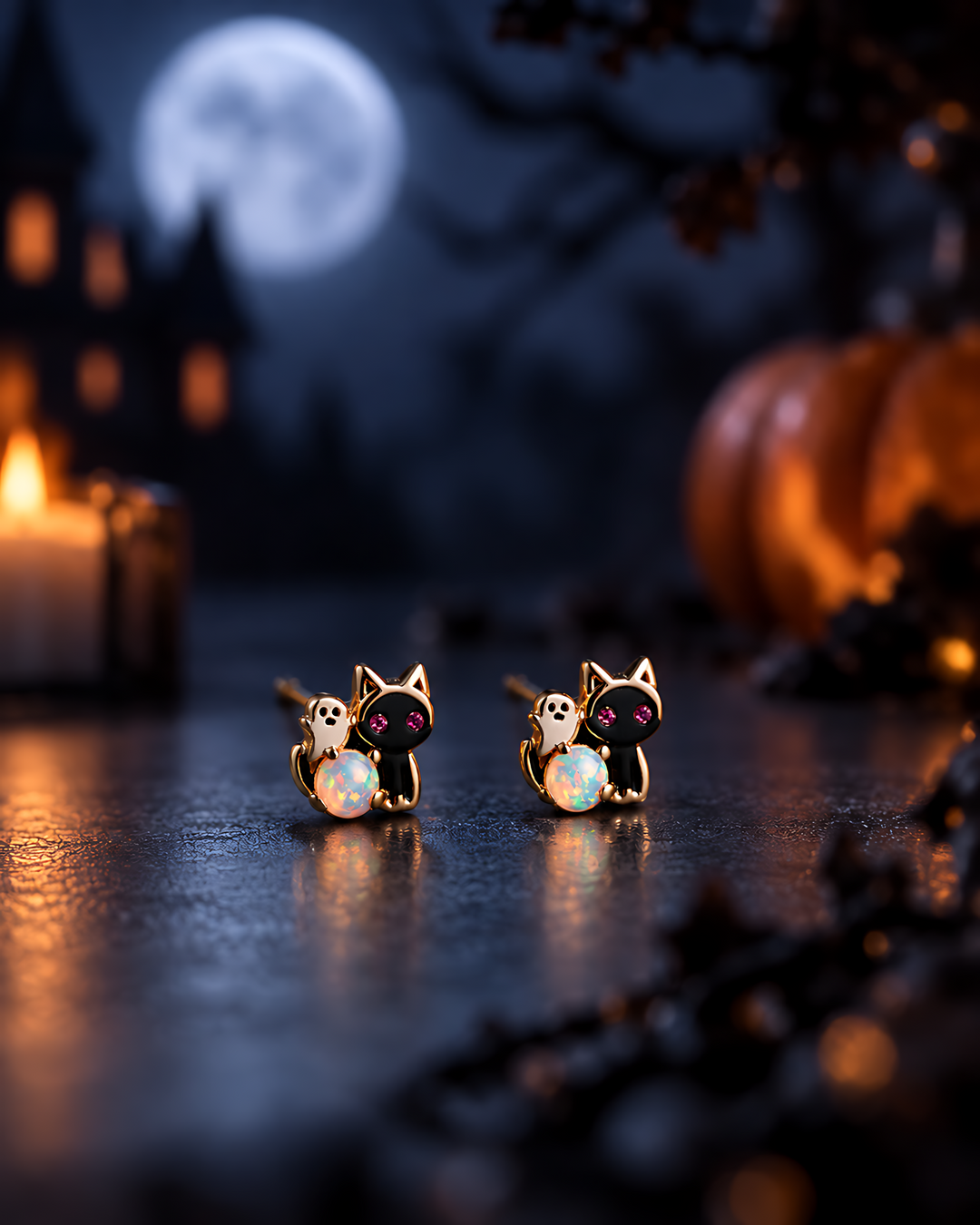 Ghost Cat Opal Stud Earrings