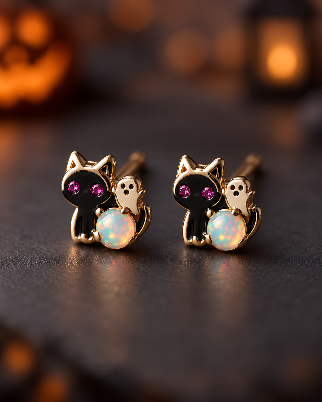 Ghost Cat Opal Stud Earrings