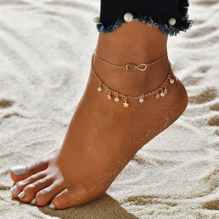Infinity Anklet Bracelet + Pearls and Stars (White Gold)