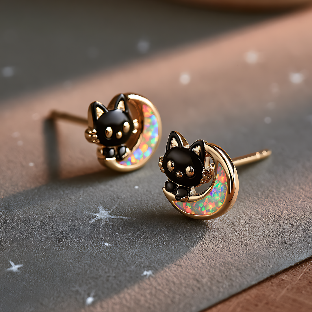 Moon Cat Opal Stud Earrings