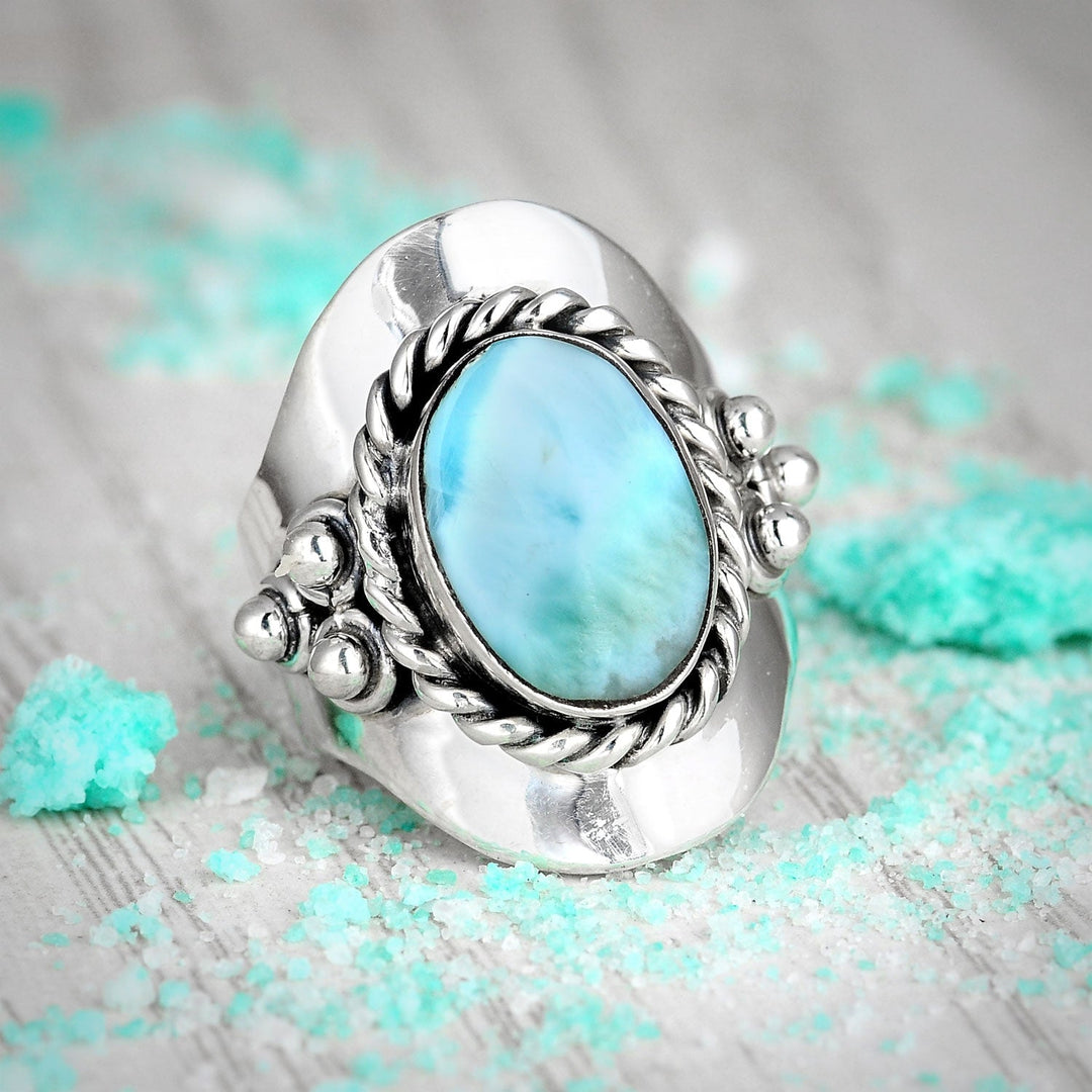 Vintage Style Oval Larimar Silver Boho Ring
