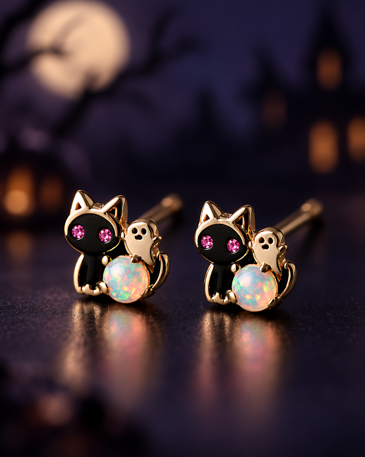 Ghost Cat Opal Stud Earrings